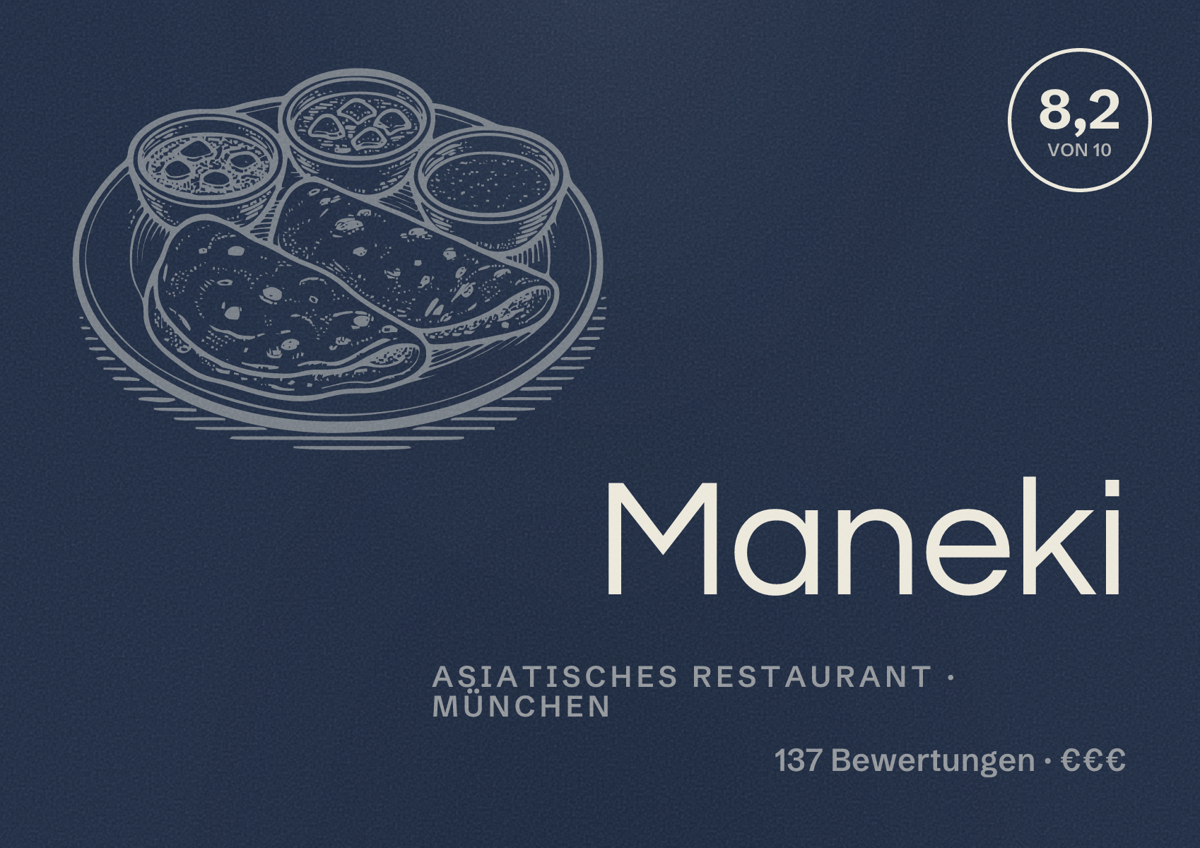 Illustriertes Poster von Maneki, Asiatisches Restaurant in München: Bewertung 8,2 von 10 aus 137 Bewertungen, Preisniveau €€€