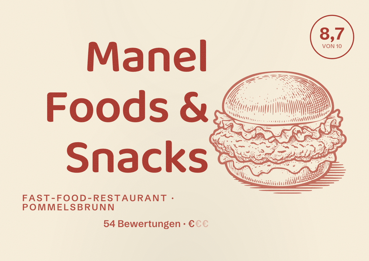 Illustriertes Poster von Manel Foods & Snacks, Fast-Food-Restaurant in Pommelsbrunn: Bewertung 8,7 von 10 aus 54 Bewertungen, Preisniveau €