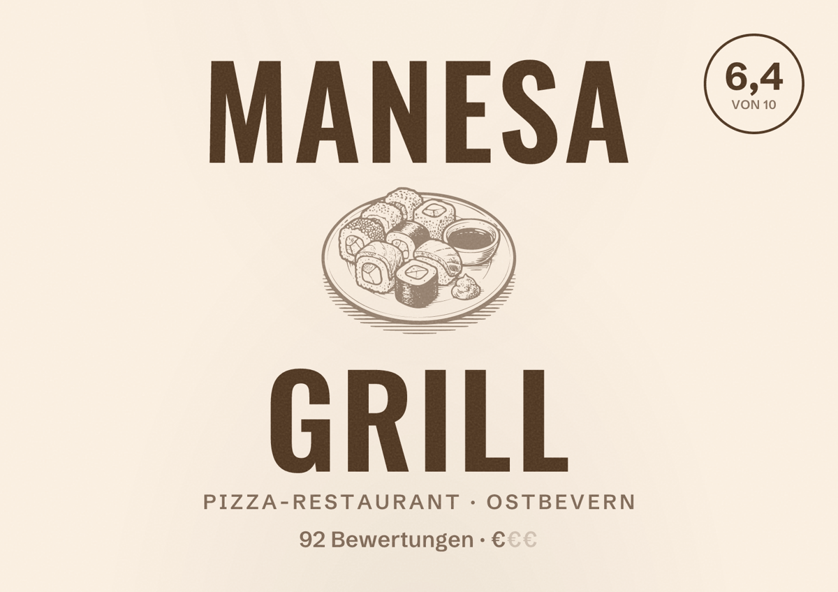 Illustriertes Poster von MANESA GRILL, Pizza-Restaurant in Ostbevern: Bewertung 6,4 von 10 aus 92 Bewertungen, Preisniveau €