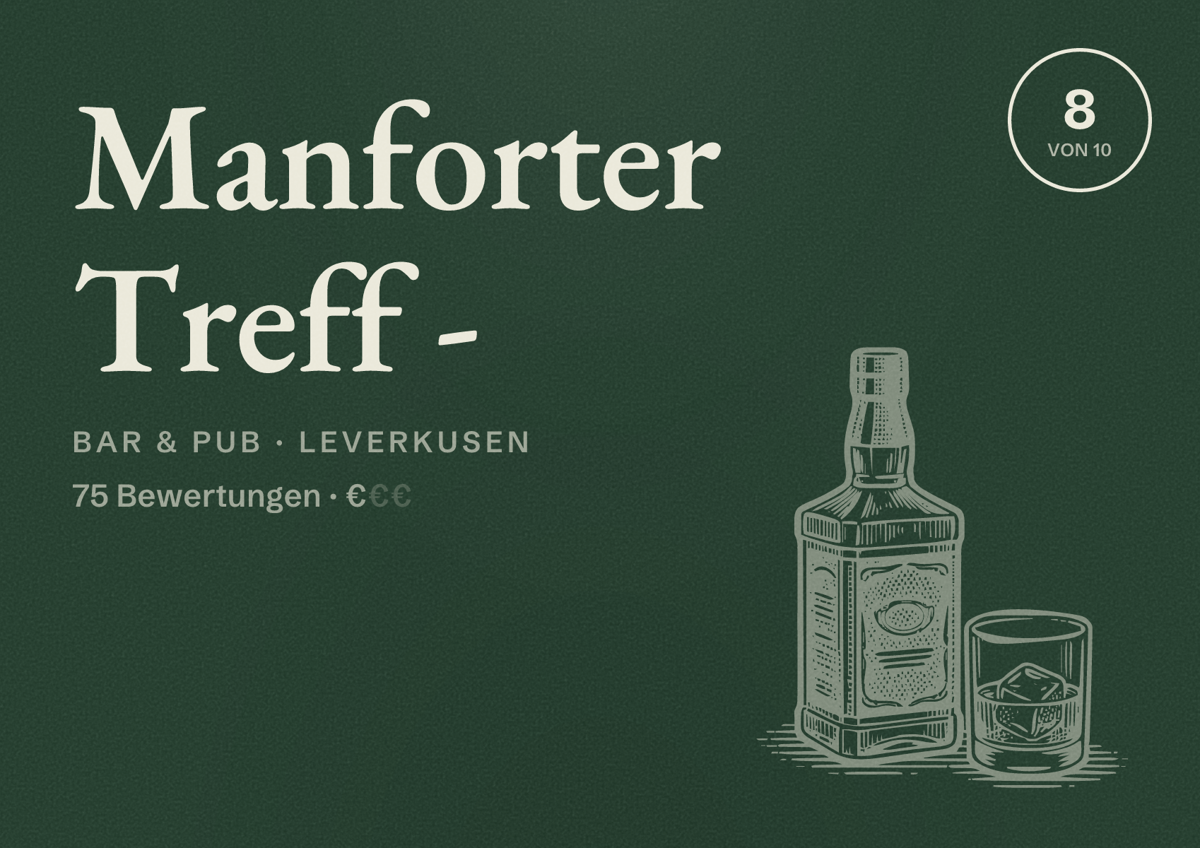 Illustriertes Poster von Manforter Treff -, Bar & Pub in Leverkusen: Bewertung 8 von 10 aus 75 Bewertungen, Preisniveau €