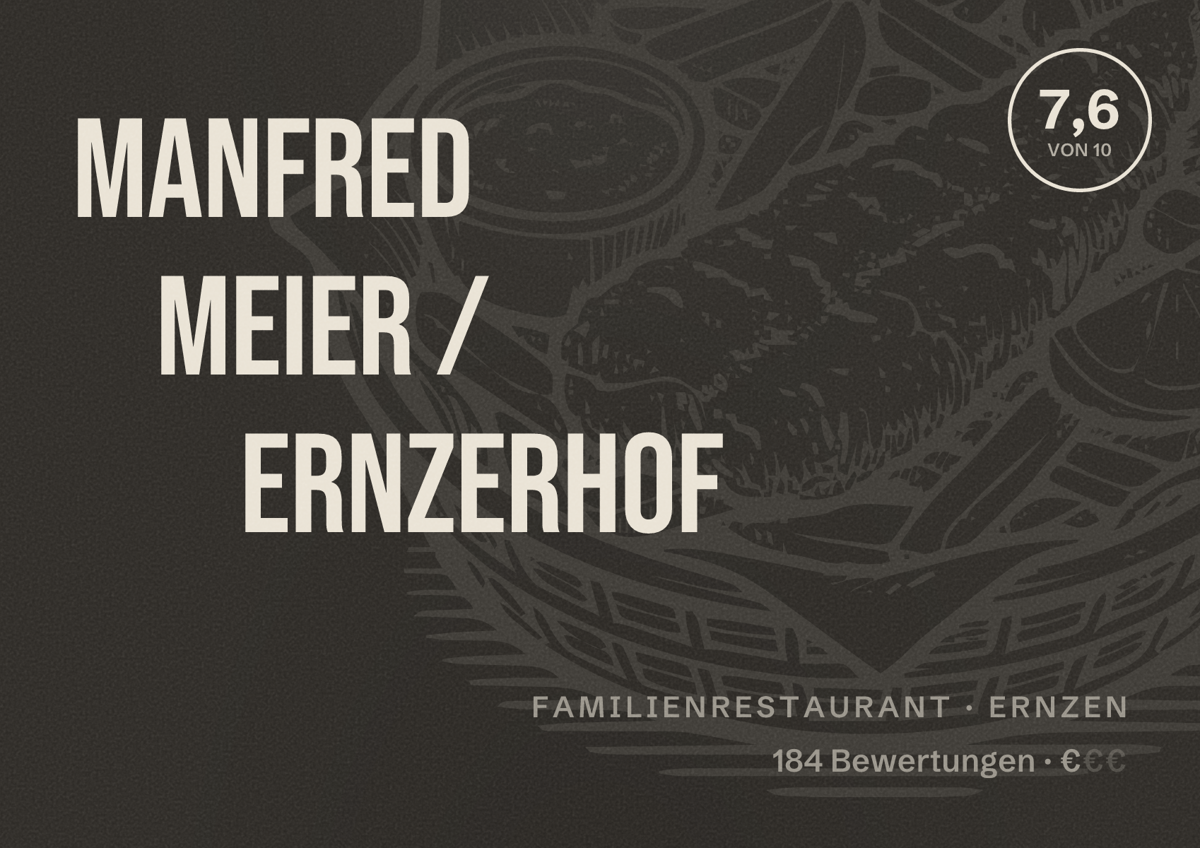 Illustriertes Poster von Manfred Meier / Ernzerhof, Familienrestaurant in Ernzen: Bewertung 7,6 von 10 aus 184 Bewertungen, Preisniveau €