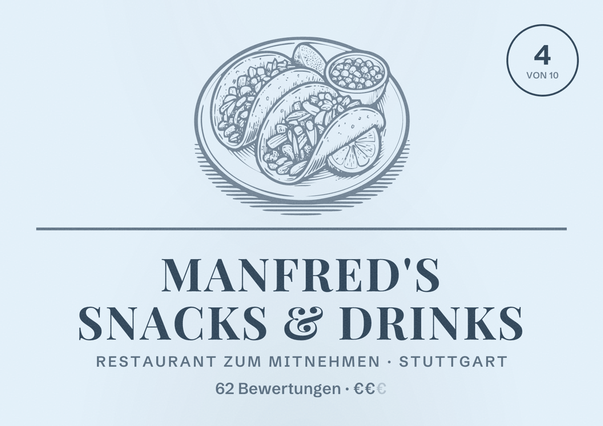 Illustriertes Poster von MANFRED'S Snacks & Drinks, Restaurant zum Mitnehmen in Stuttgart: Bewertung 4 von 10 aus 62 Bewertungen, Preisniveau €€