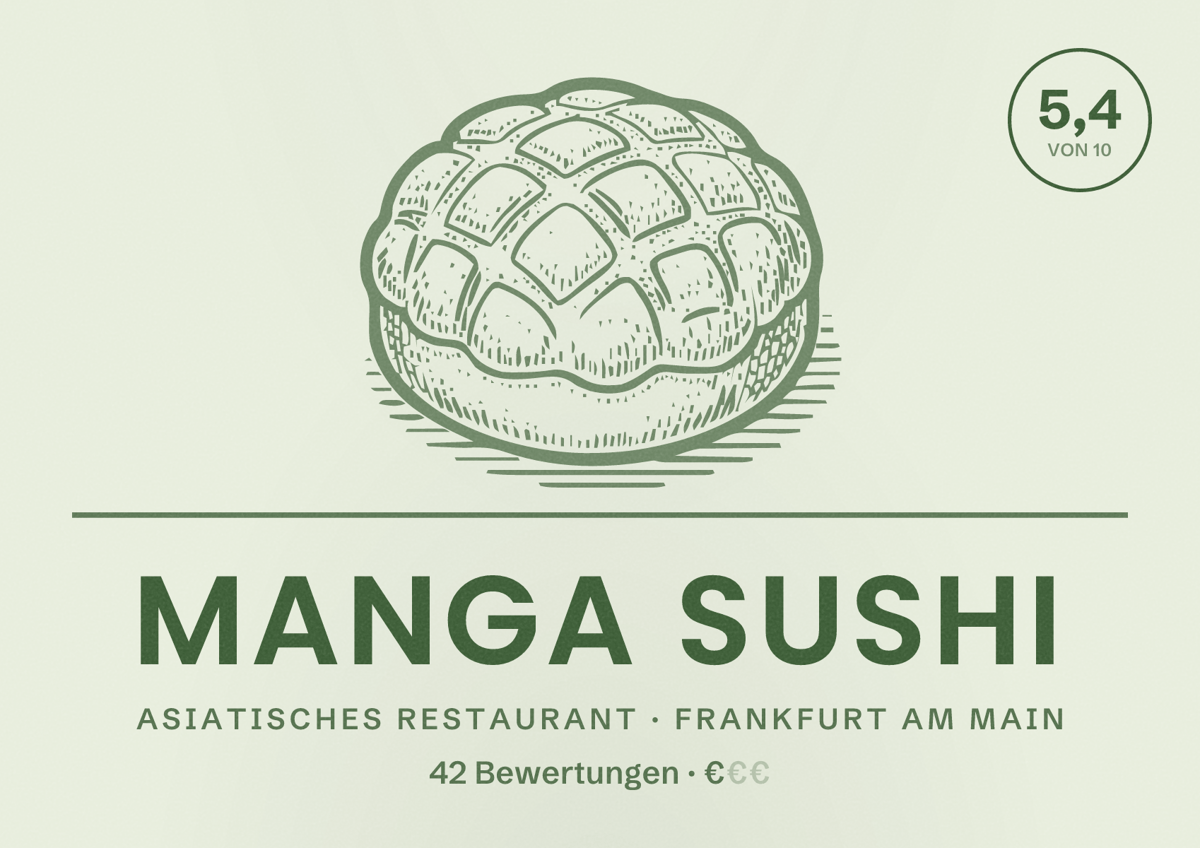 Illustriertes Poster von Manga Sushi, Asiatisches Restaurant in Frankfurt am Main: Bewertung 5,4 von 10 aus 42 Bewertungen, Preisniveau €