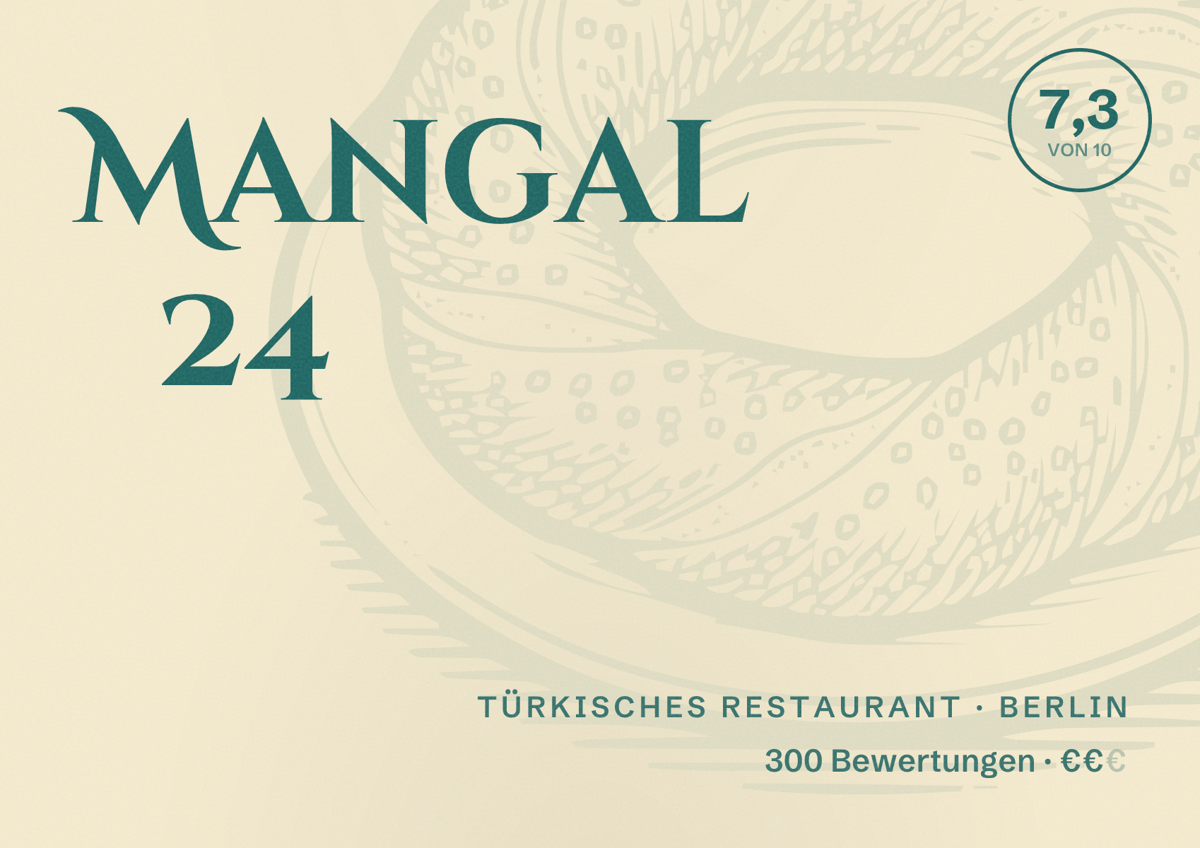 Illustriertes Poster von Mangal 24, Türkisches Restaurant in Berlin: Bewertung 7,3 von 10 aus 300 Bewertungen, Preisniveau €€