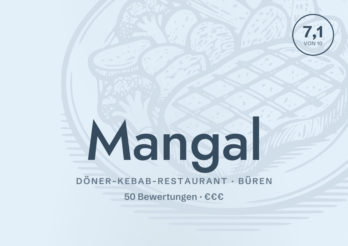 Illustriertes Poster von Mangal, Döner-Kebab-Restaurant in Büren: Bewertung 7,1 von 10 aus 50 Bewertungen, Preisniveau €€€