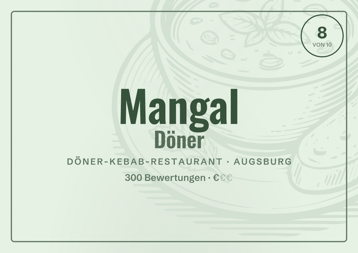 Illustriertes Poster von Mangal Döner, Döner-Kebab-Restaurant in Augsburg: Bewertung 8,0 von 10 aus 300 Bewertungen, Preisniveau €
