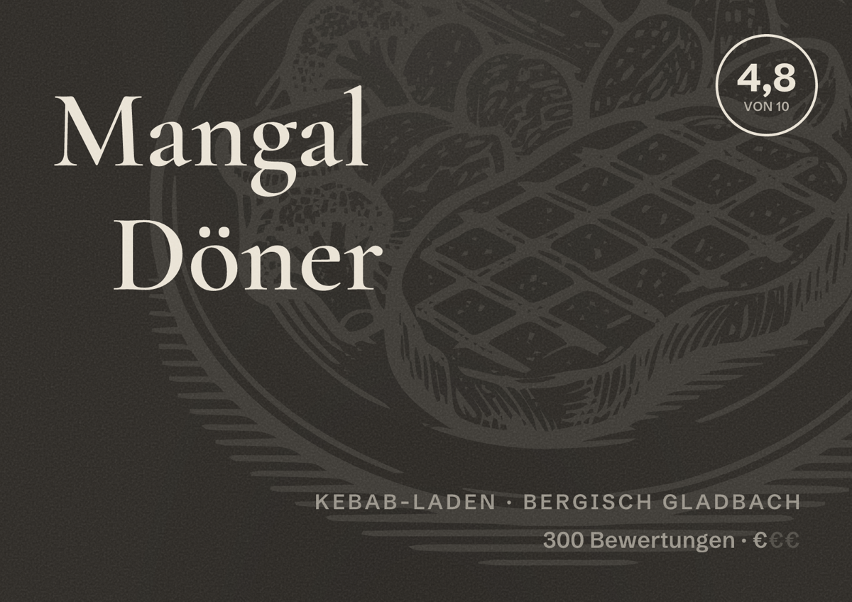 Illustriertes Poster von Mangal Döner, Kebab-Laden in Bergisch Gladbach: Bewertung 4,8 von 10 aus 300 Bewertungen, Preisniveau €