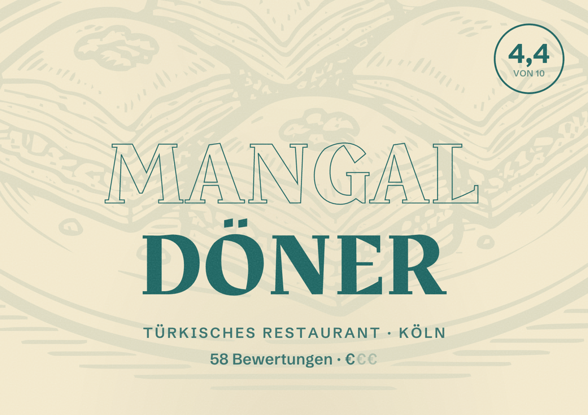 Illustriertes Poster von Mangal Döner, Türkisches Restaurant in Köln: Bewertung 4,4 von 10 aus 58 Bewertungen, Preisniveau €