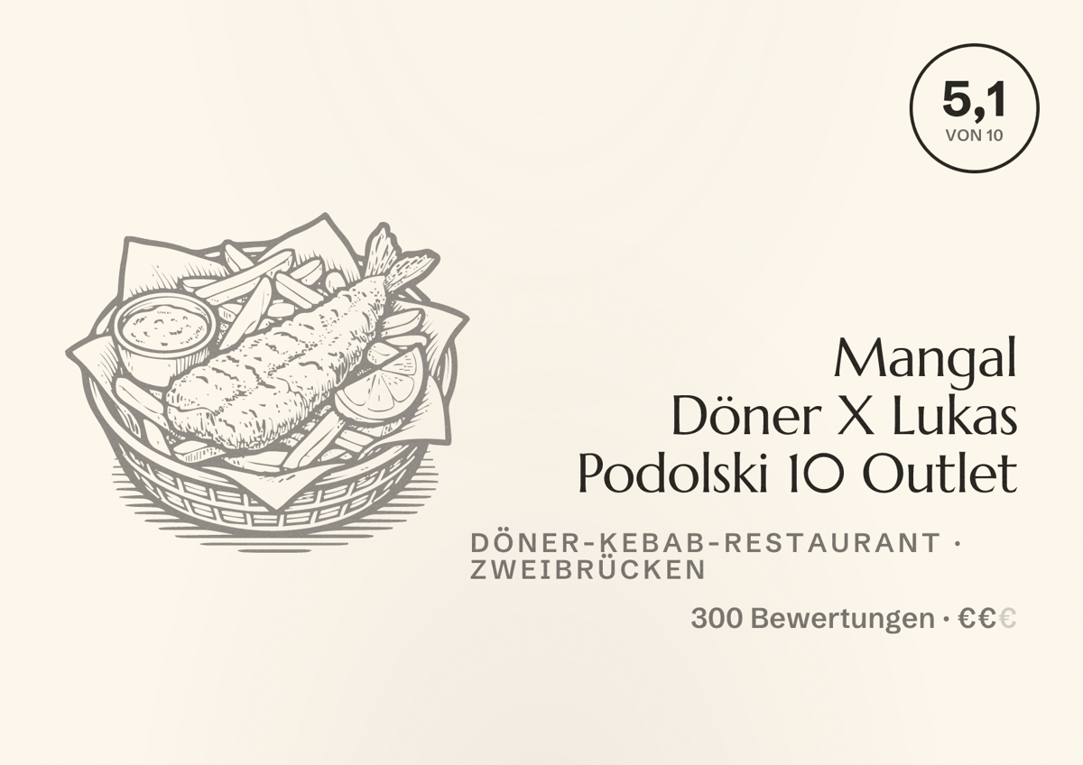 Illustriertes Poster von Mangal Döner X Lukas Podolski 10 Outlet, Döner-Kebab-Restaurant in Zweibrücken: Bewertung 5,1 von 10 aus 300 Bewertungen, Preisniveau €€