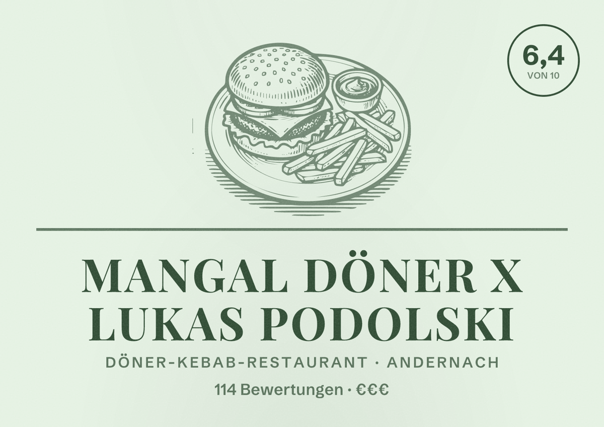 Illustriertes Poster von Mangal Döner x Lukas Podolski, Döner-Kebab-Restaurant in Andernach: Bewertung 6,4 von 10 aus 114 Bewertungen, Preisniveau €€€