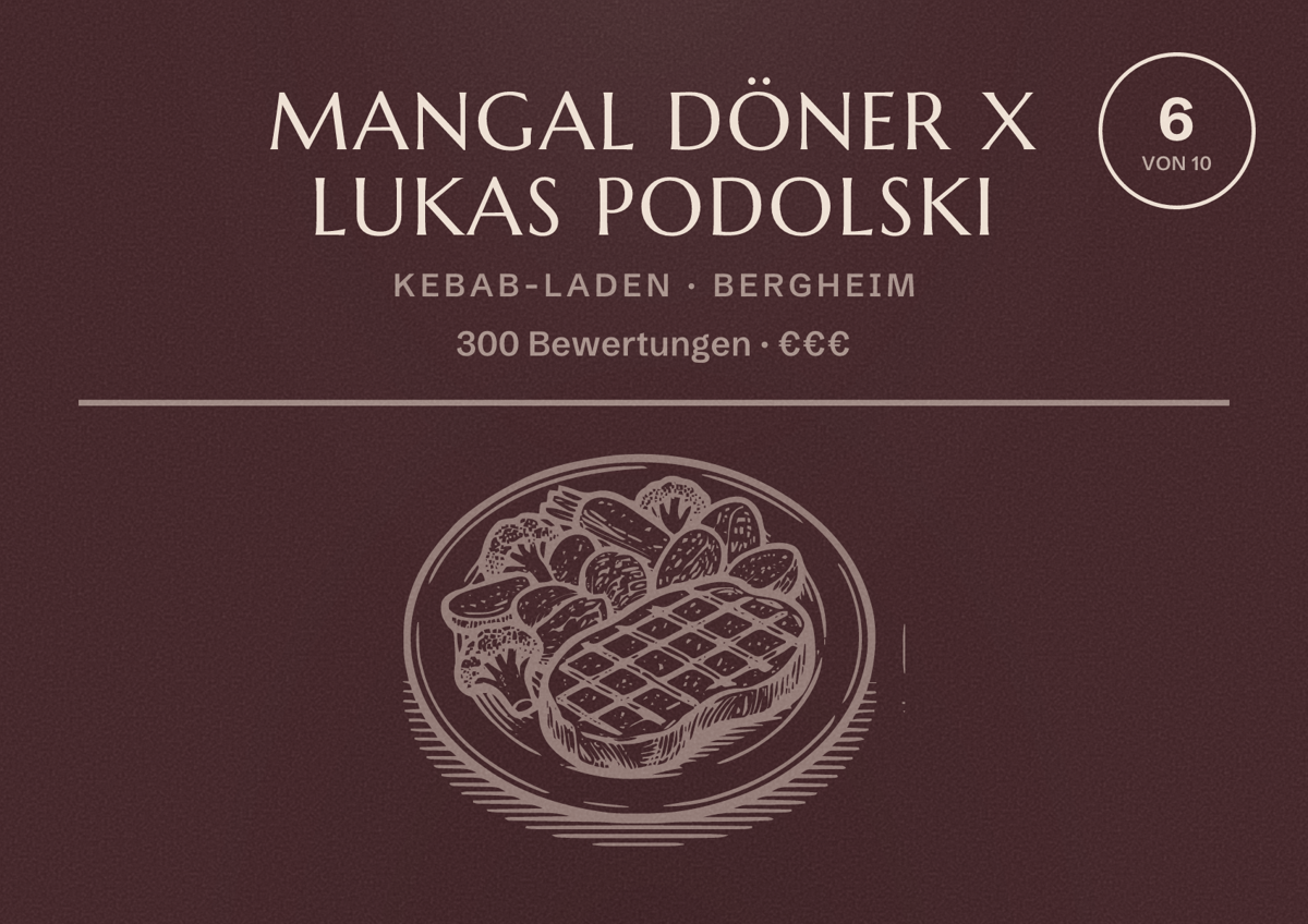 Illustriertes Poster von Mangal Döner X Lukas Podolski, Kebab-Laden in Bergheim: Bewertung 6 von 10 aus 300 Bewertungen, Preisniveau €€€