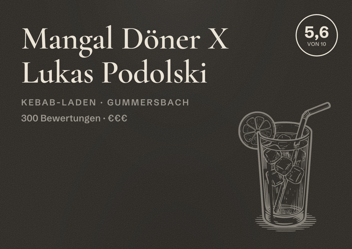 Illustriertes Poster von Mangal Döner X Lukas Podolski, Kebab-Laden in Gummersbach: Bewertung 5,6 von 10 aus 300 Bewertungen, Preisniveau €€€