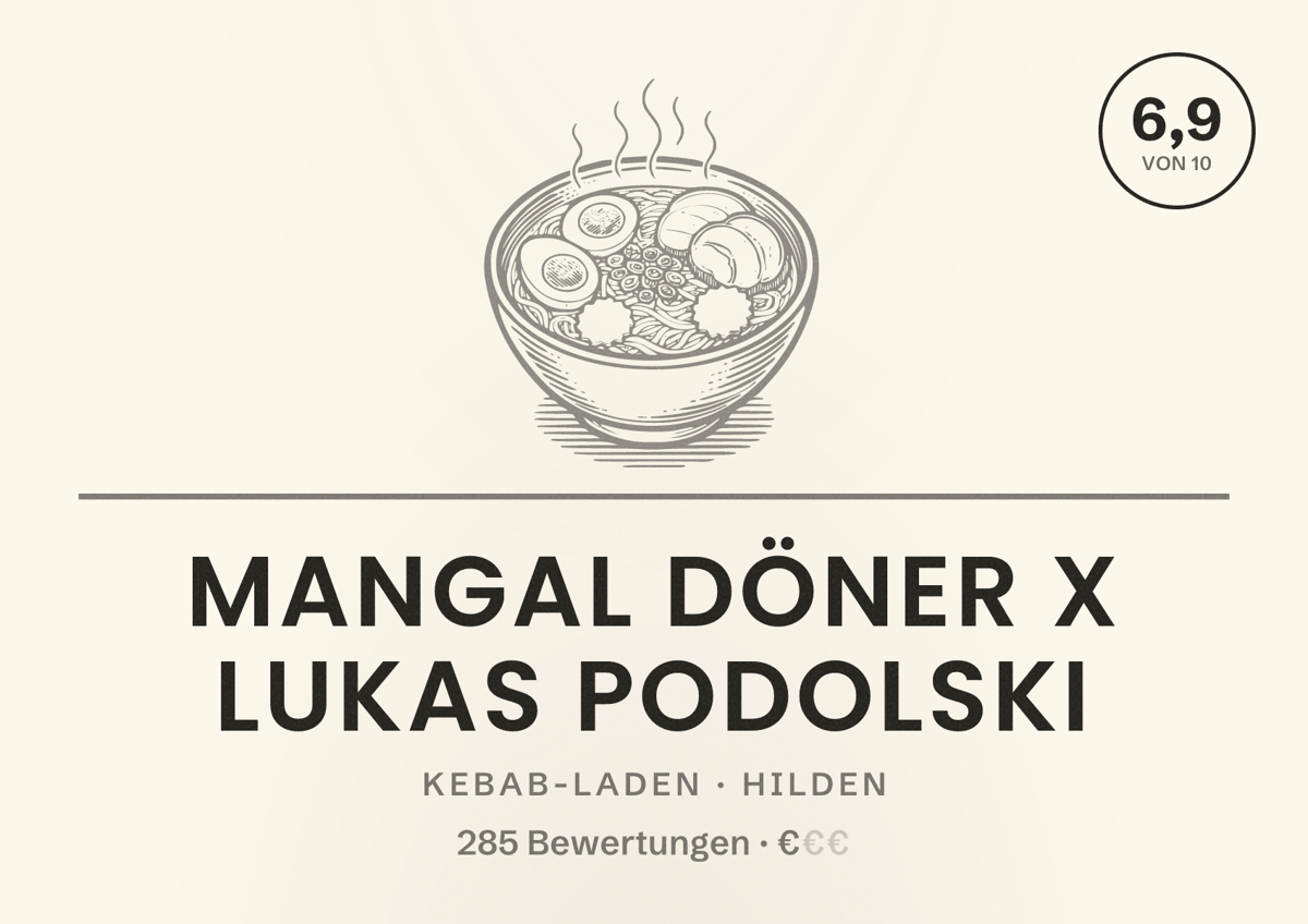 Illustriertes Poster von Mangal Döner X Lukas Podolski, Kebab-Laden in Hilden: Bewertung 6,9 von 10 aus 285 Bewertungen, Preisniveau €