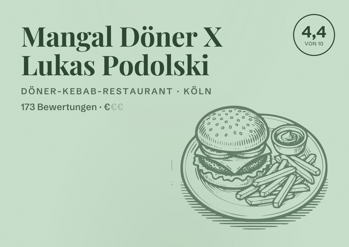 Illustriertes Poster von Mangal Döner X Lukas Podolski, Döner-Kebab-Restaurant in Köln: Bewertung 4,4 von 10 aus 173 Bewertungen, Preisniveau €