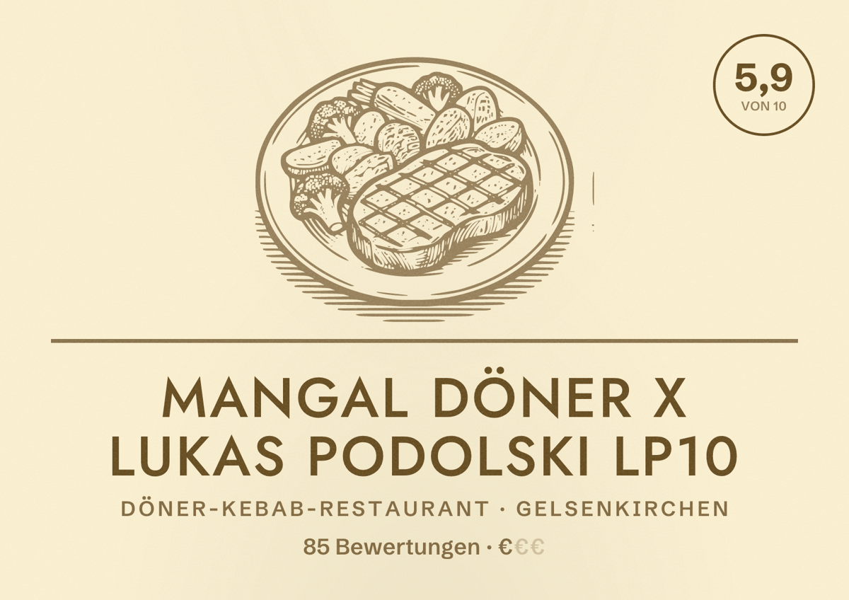 Illustriertes Poster von Mangal Döner X Lukas Podolski LP10, Döner-Kebab-Restaurant in Gelsenkirchen: Bewertung 5,9 von 10 aus 85 Bewertungen, Preisniveau €