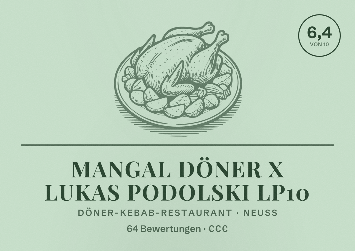 Illustriertes Poster von Mangal Döner X Lukas Podolski LP10, Döner-Kebab-Restaurant in Neuss: Bewertung 6,4 von 10 aus 64 Bewertungen, Preisniveau €€€