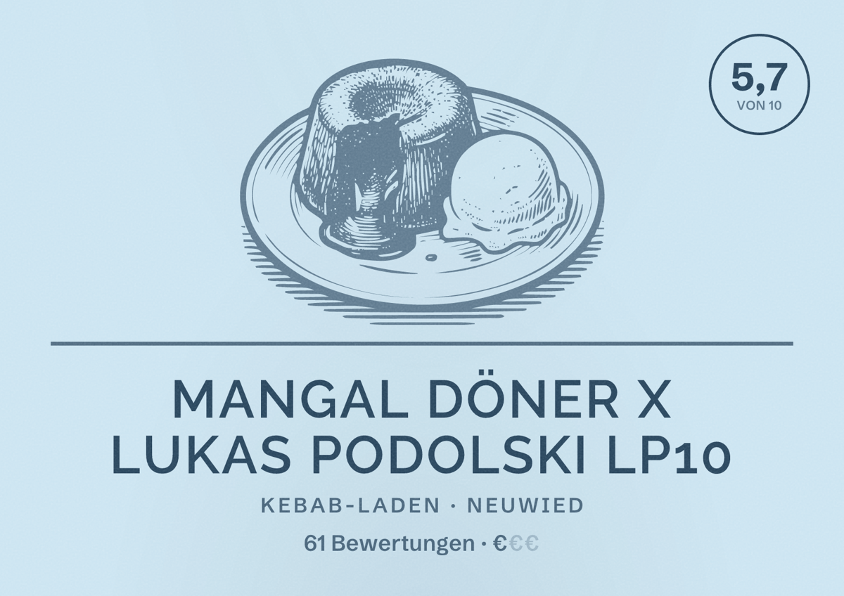 Illustriertes Poster von Mangal Döner X Lukas Podolski LP10, Kebab-Laden in Neuwied: Bewertung 5,7 von 10 aus 61 Bewertungen, Preisniveau €