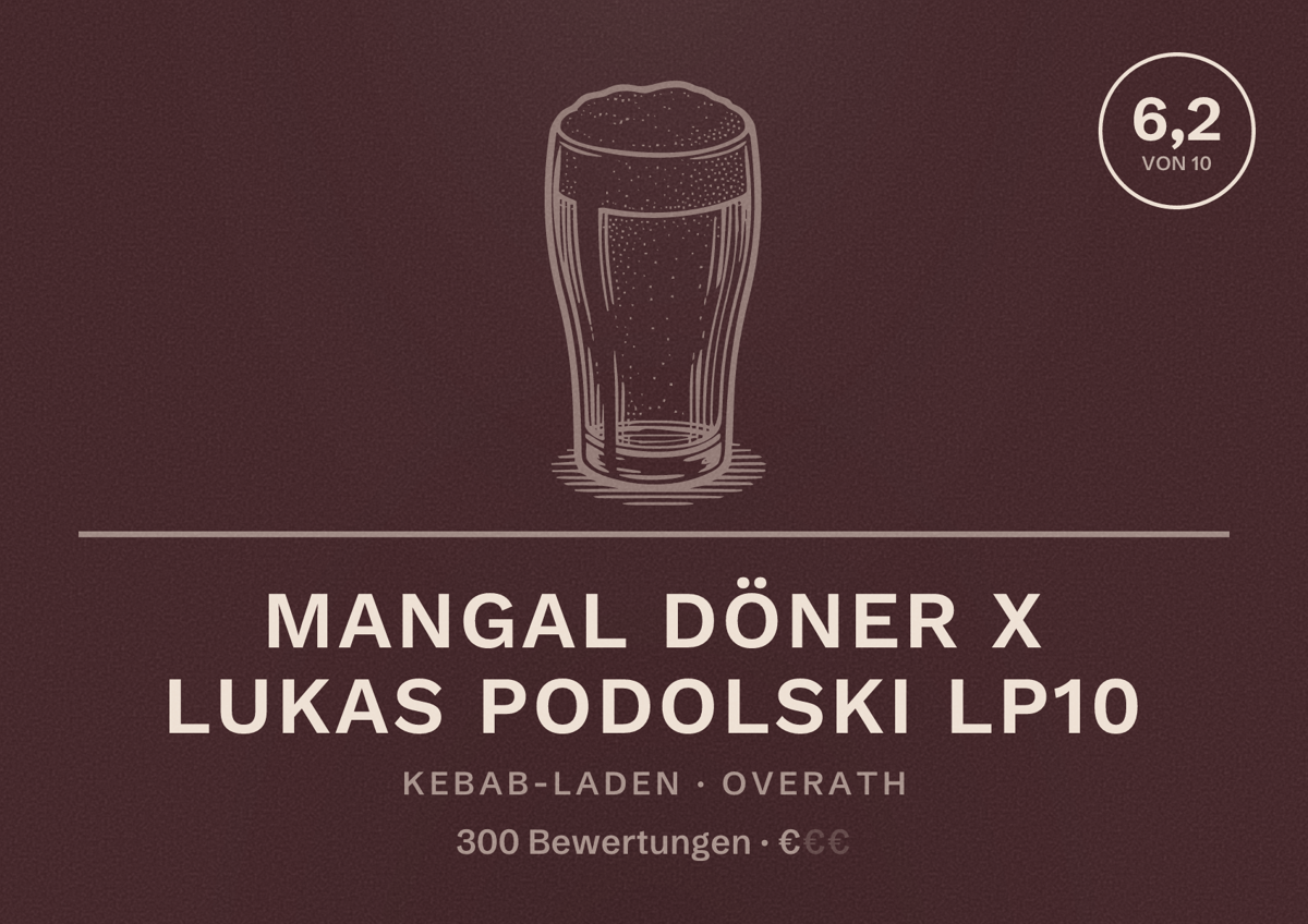 Illustriertes Poster von Mangal Döner X Lukas Podolski LP10, Kebab-Laden in Overath: Bewertung 6,2 von 10 aus 300 Bewertungen, Preisniveau €