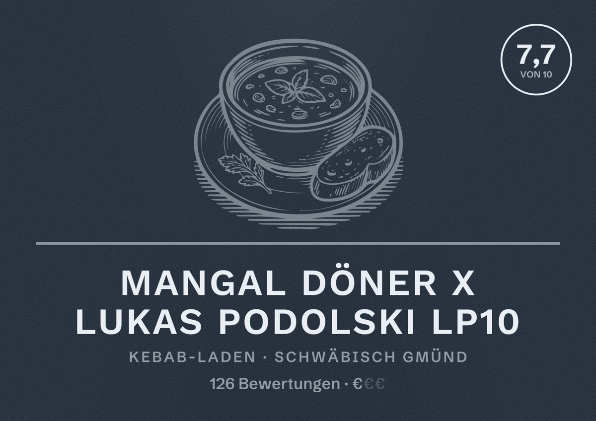 Illustriertes Poster von Mangal Döner X Lukas Podolski LP10, Kebab-Laden in Schwäbisch Gmünd: Bewertung 7,7 von 10 aus 126 Bewertungen, Preisniveau €