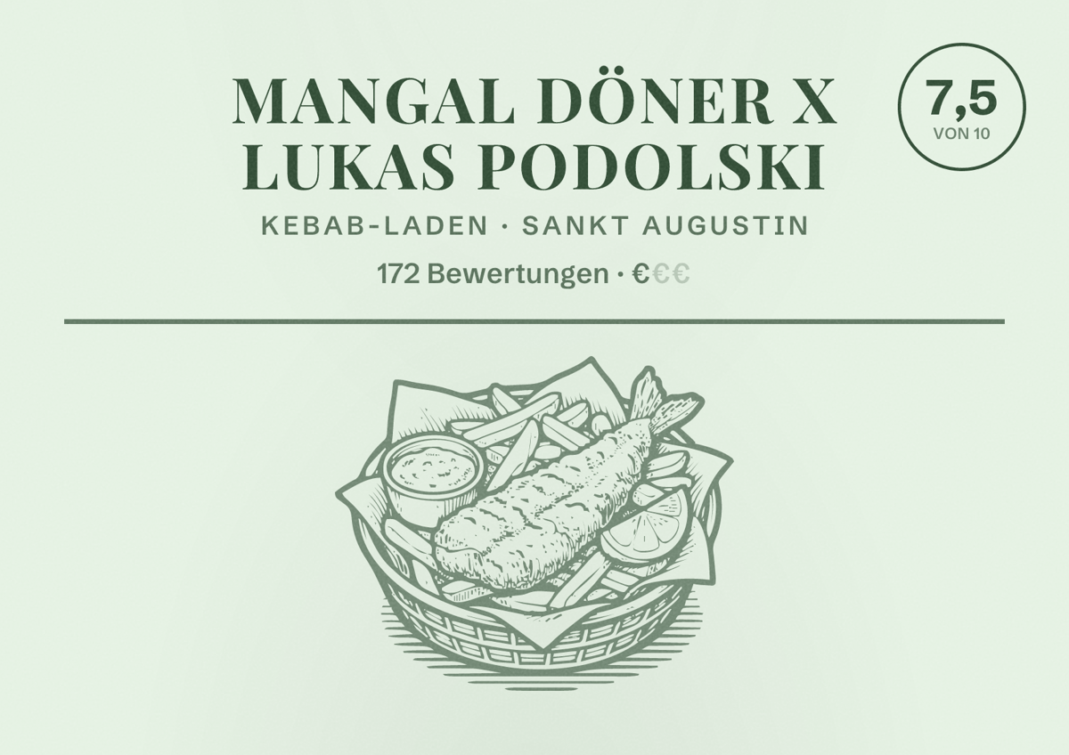 Illustriertes Poster von Mangal Döner X Lukas Podolski, Kebab-Laden in Sankt Augustin: Bewertung 7,5 von 10 aus 172 Bewertungen, Preisniveau €