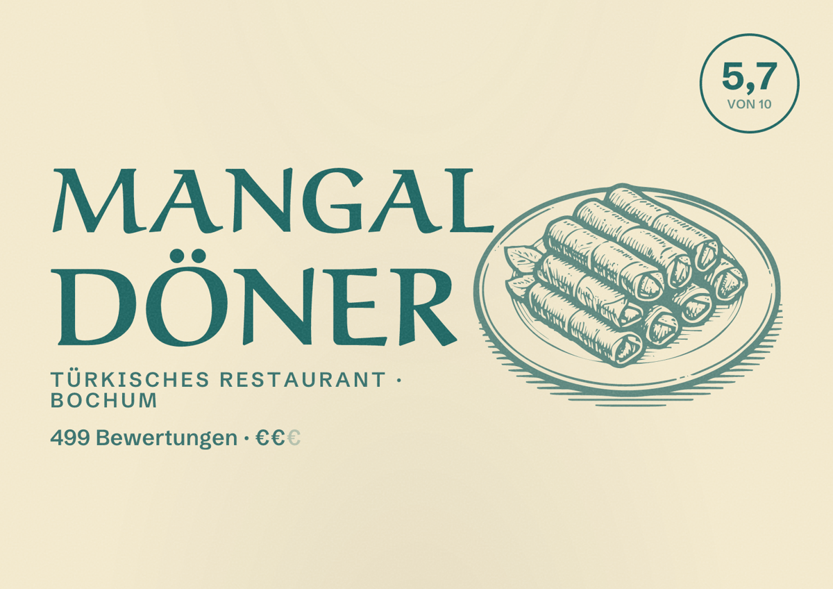Illustriertes Poster von Mangal Döner, Türkisches Restaurant in Bochum: Bewertung 5,7 von 10 aus 499 Bewertungen, Preisniveau €€