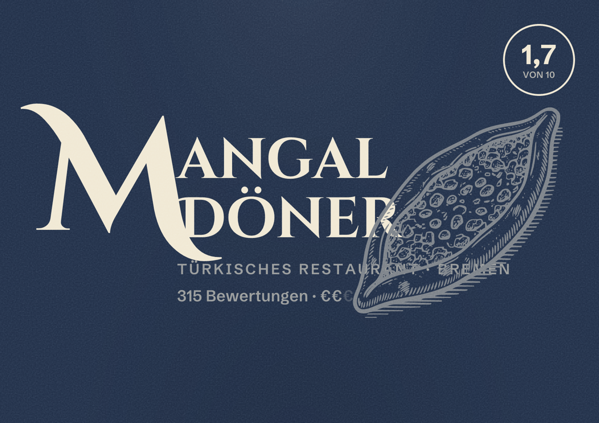 Illustriertes Poster von Mangal Döner, Türkisches Restaurant in Bremen: Bewertung 1,7 von 10 aus 315 Bewertungen, Preisniveau €€
