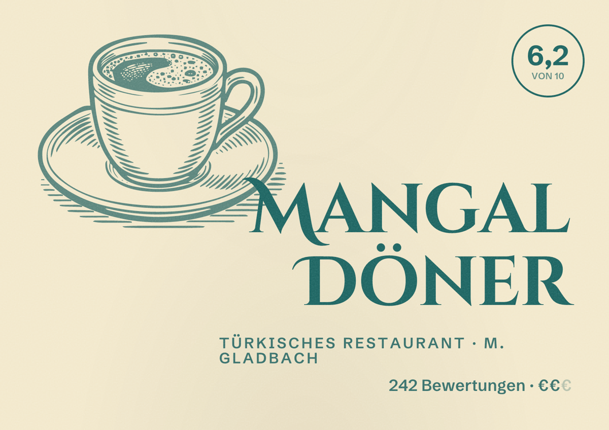 Illustriertes Poster von Mangal Döner, Türkisches Restaurant in M. Gladbach: Bewertung 6,2 von 10 aus 242 Bewertungen, Preisniveau €€