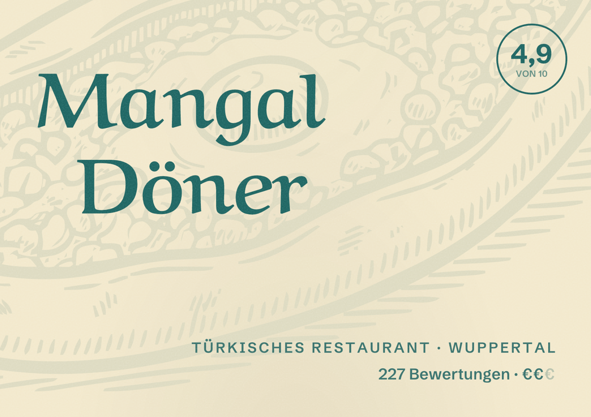 Illustriertes Poster von Mangal Döner, Türkisches Restaurant in Wuppertal: Bewertung 4,9 von 10 aus 227 Bewertungen, Preisniveau €€