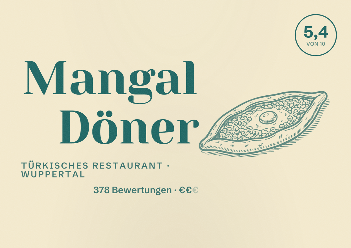 Illustriertes Poster von Mangal Döner, Türkisches Restaurant in Wuppertal: Bewertung 5,4 von 10 aus 378 Bewertungen, Preisniveau €€