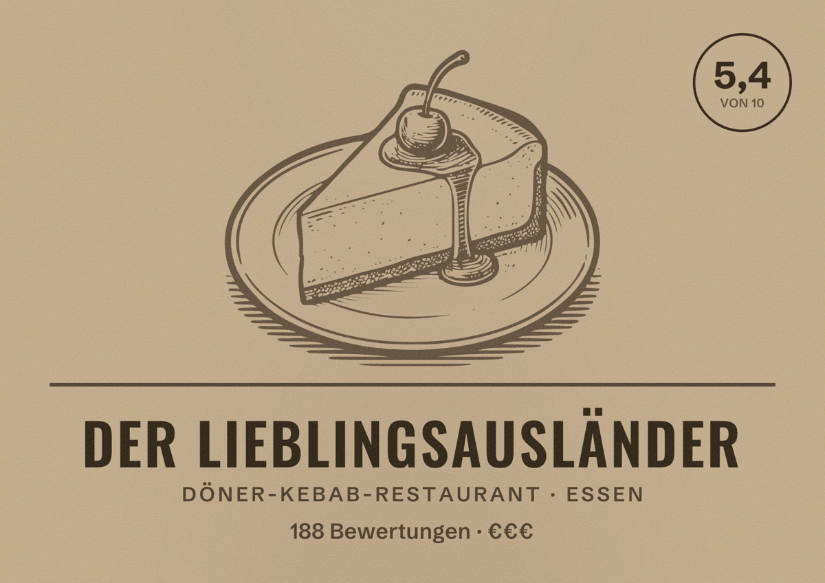 Illustriertes Poster von Der Lieblingsausländer, Döner-Kebab-Restaurant in Essen: Bewertung 5,4 von 10 aus 188 Bewertungen, Preisniveau €€€