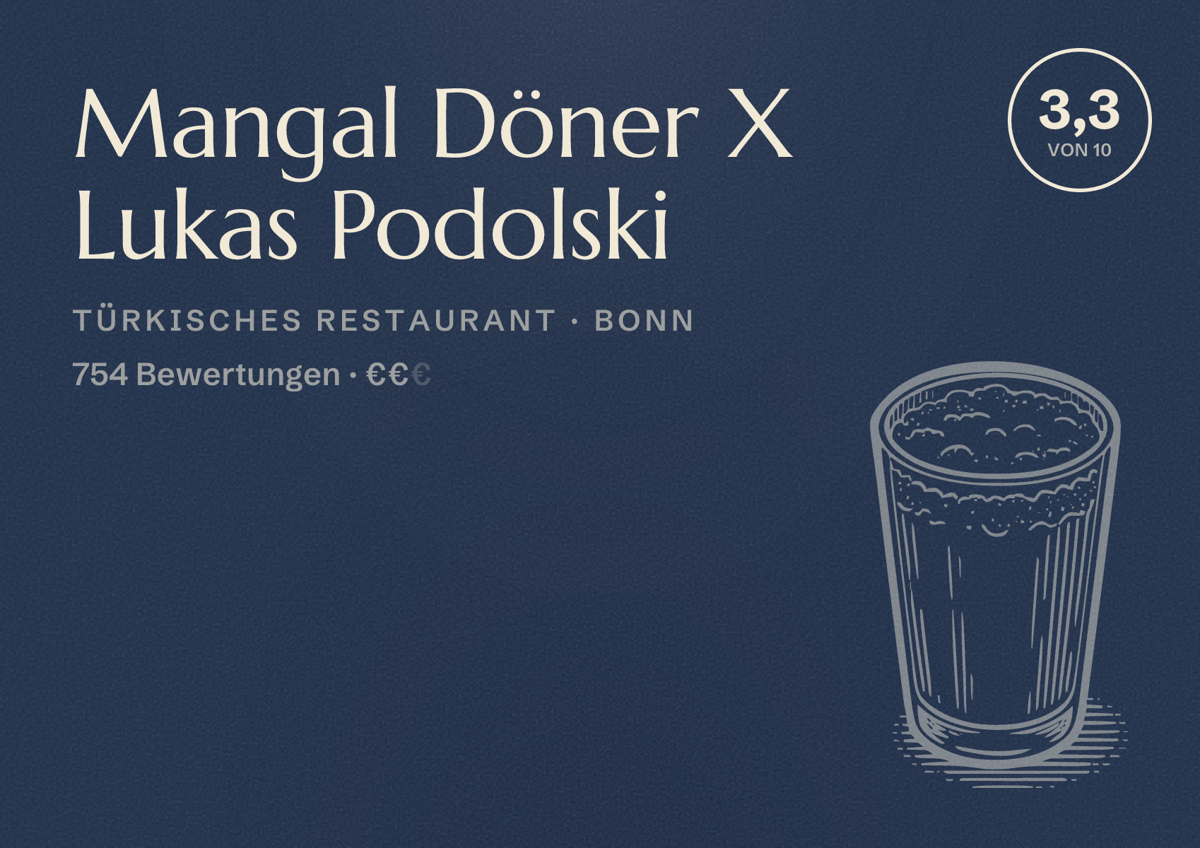 Illustriertes Poster von Mangal Döner X Lukas Podolski, Türkisches Restaurant in Bonn: Bewertung 3,3 von 10 aus 754 Bewertungen, Preisniveau €€