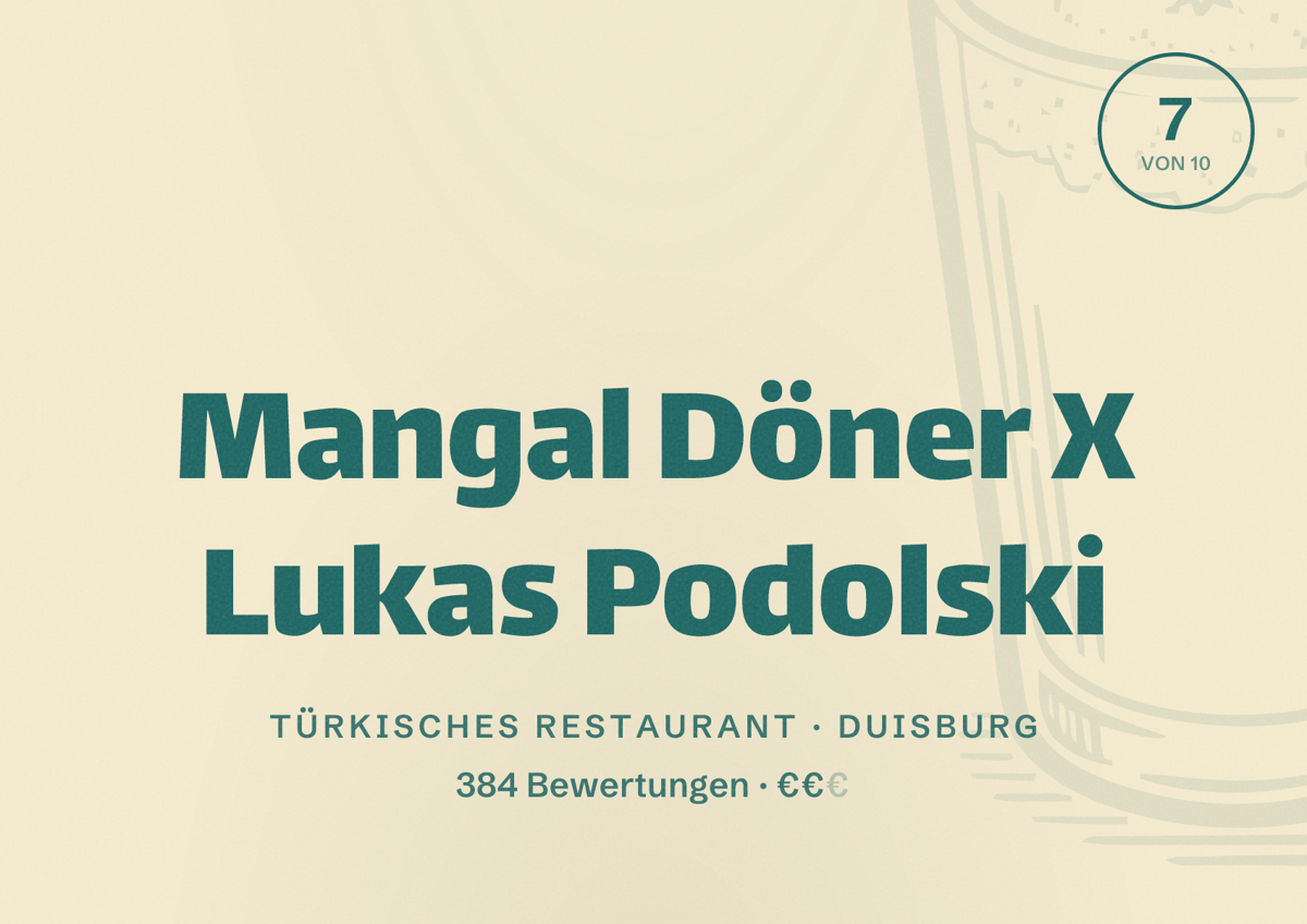 Illustriertes Poster von Mangal Döner X Lukas Podolski, Türkisches Restaurant in Duisburg: Bewertung 7 von 10 aus 384 Bewertungen, Preisniveau €€
