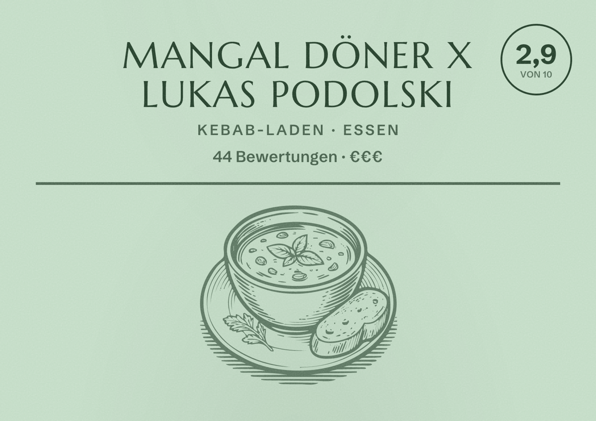Illustriertes Poster von Mangal Döner X Lukas Podolski, Kebab-Laden in Essen: Bewertung 2,9 von 10 aus 44 Bewertungen, Preisniveau €€€
