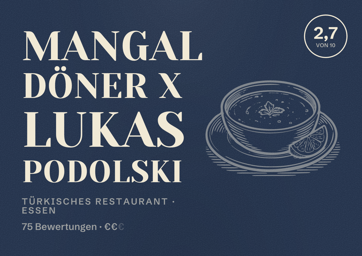 Illustriertes Poster von Mangal Döner X Lukas Podolski, Türkisches Restaurant in Essen: Bewertung 2,7 von 10 aus 75 Bewertungen, Preisniveau €€