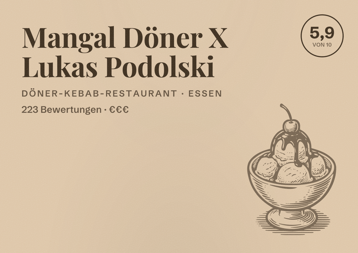 Illustriertes Poster von Mangal Döner X Lukas Podolski, Döner-Kebab-Restaurant in Essen: Bewertung 5,9 von 10 aus 223 Bewertungen, Preisniveau €€€