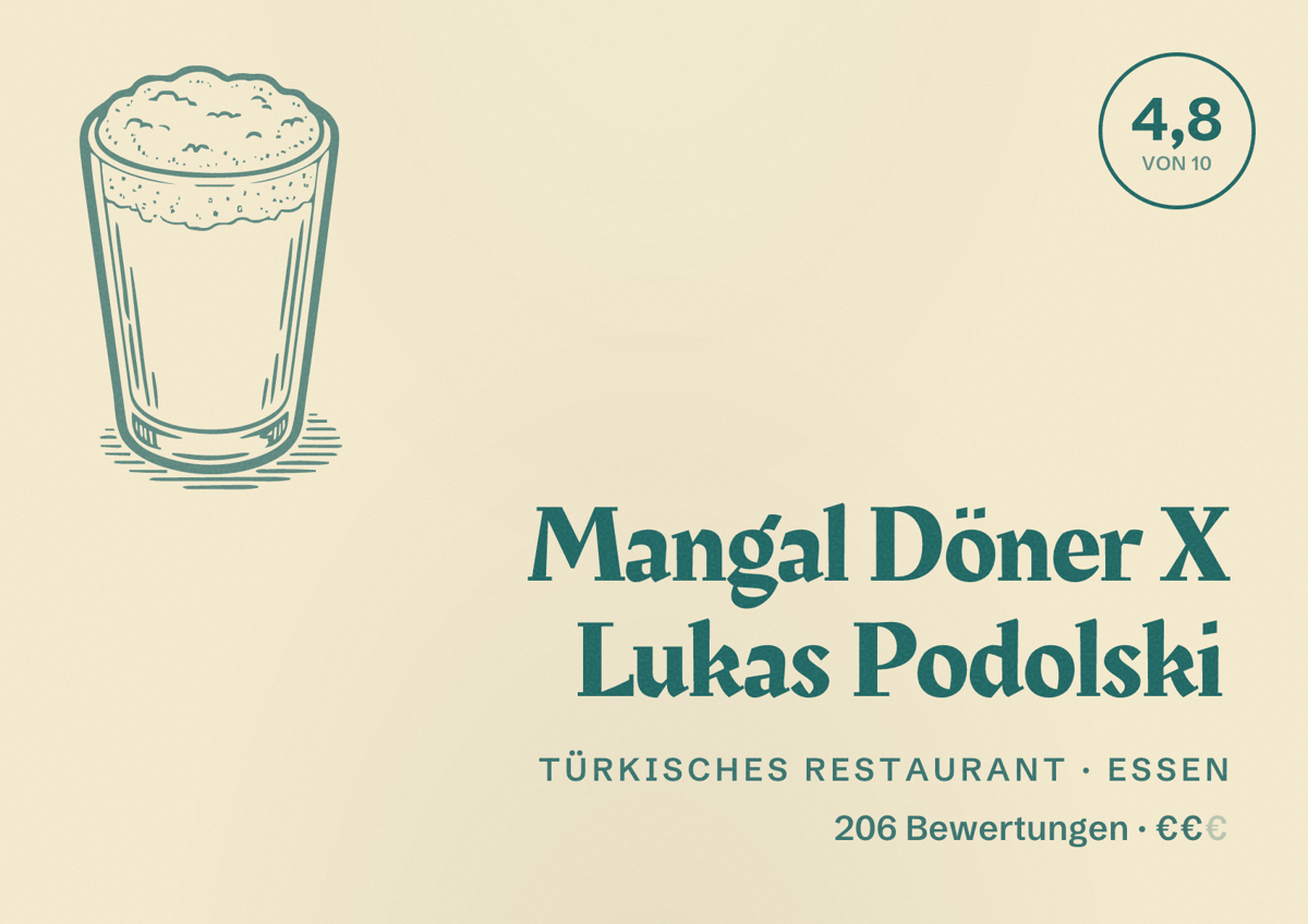 Illustriertes Poster von Mangal Döner X Lukas Podolski, Türkisches Restaurant in Essen: Bewertung 4,8 von 10 aus 206 Bewertungen, Preisniveau €€