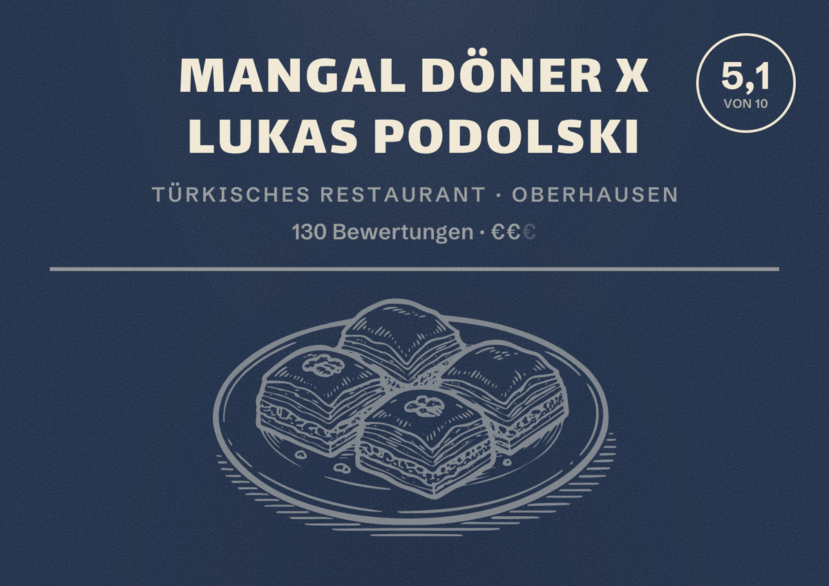 Illustriertes Poster von Mangal Döner X Lukas Podolski, Türkisches Restaurant in Oberhausen: Bewertung 5,1 von 10 aus 130 Bewertungen, Preisniveau €€