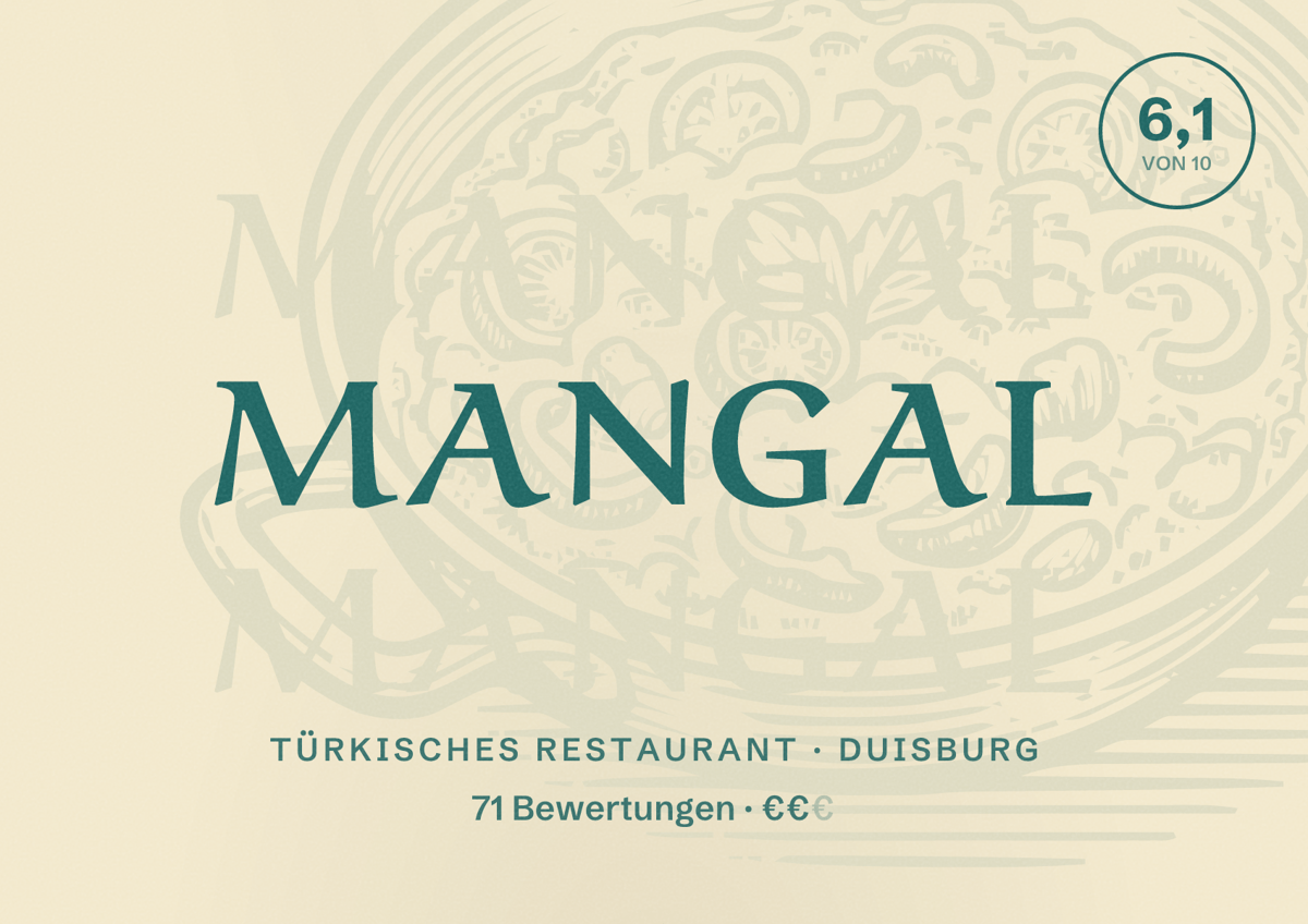 Illustriertes Poster von Mangal, Türkisches Restaurant in Duisburg: Bewertung 6,1 von 10 aus 71 Bewertungen, Preisniveau €€