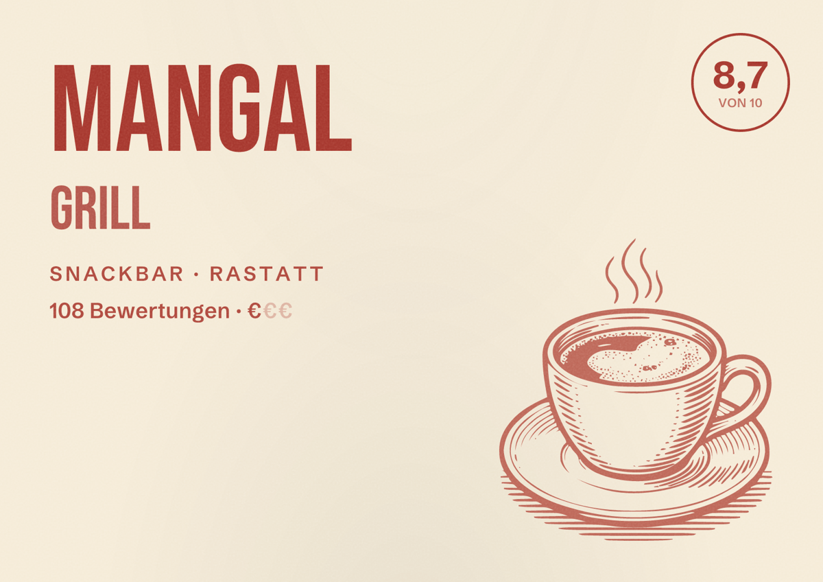 Illustriertes Poster von Mangal Grill, Snackbar in Rastatt: Bewertung 8,7 von 10 aus 108 Bewertungen, Preisniveau €