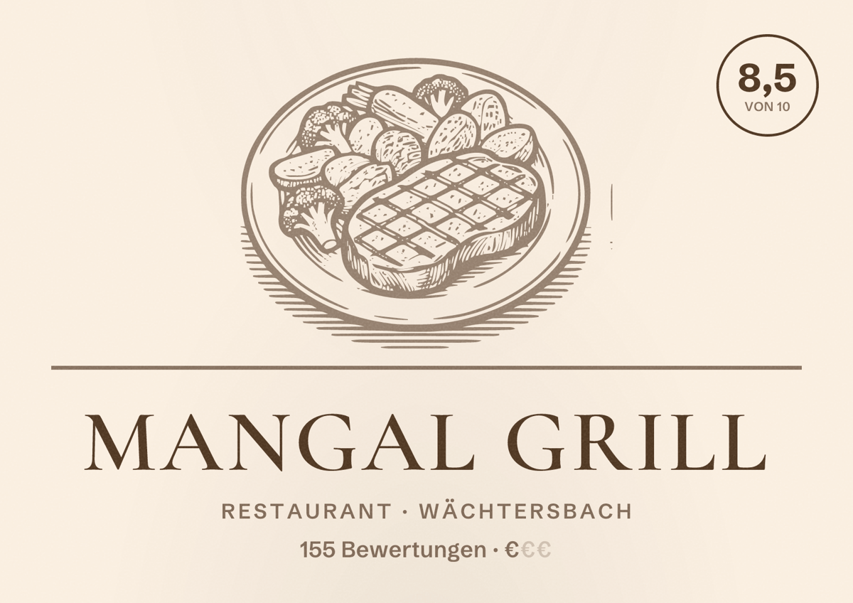 Illustriertes Poster von Mangal Grill, Restaurant in Wächtersbach: Bewertung 8,5 von 10 aus 155 Bewertungen, Preisniveau €