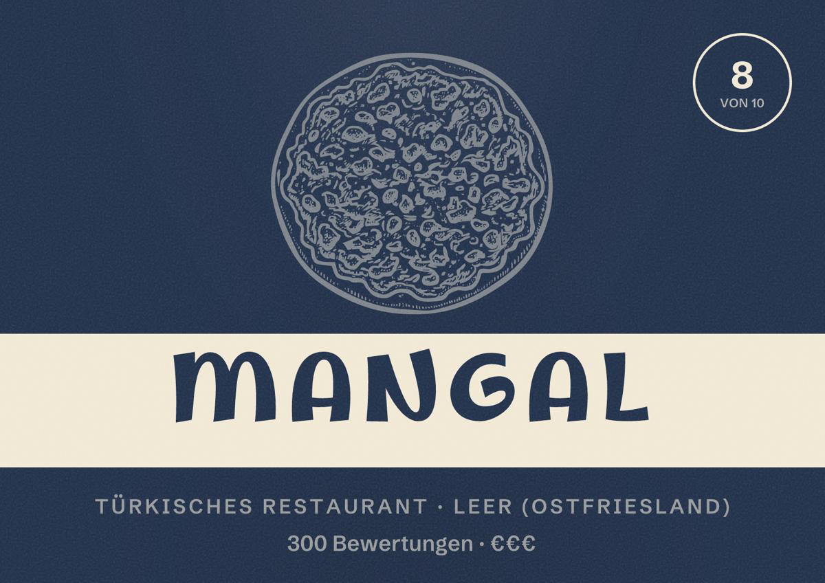 Illustriertes Poster von Mangal, Türkisches Restaurant in Leer (Ostfriesland): Bewertung 8 von 10 aus 300 Bewertungen, Preisniveau €€€