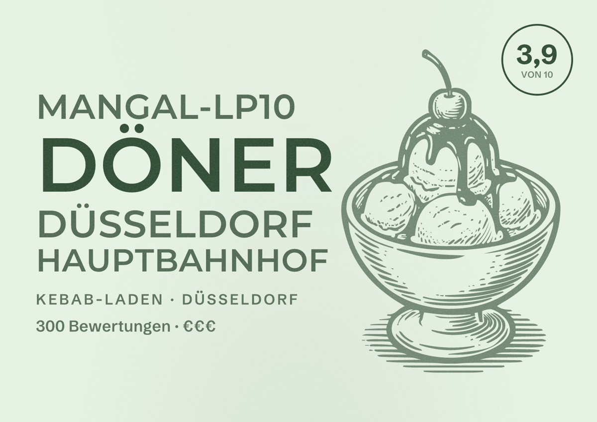 Illustriertes Poster von Mangal-LP10 Döner Düsseldorf Hauptbahnhof, Kebab-Laden in Düsseldorf: Bewertung 3,9 von 10 aus 300 Bewertungen, Preisniveau €€€
