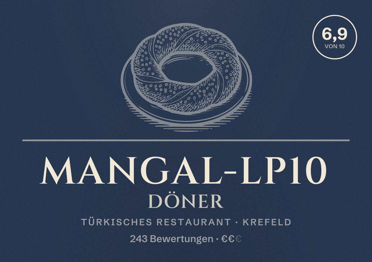 Illustriertes Poster von Mangal-LP10 Döner, Türkisches Restaurant in Krefeld: Bewertung 6,9 von 10 aus 243 Bewertungen, Preisniveau €€