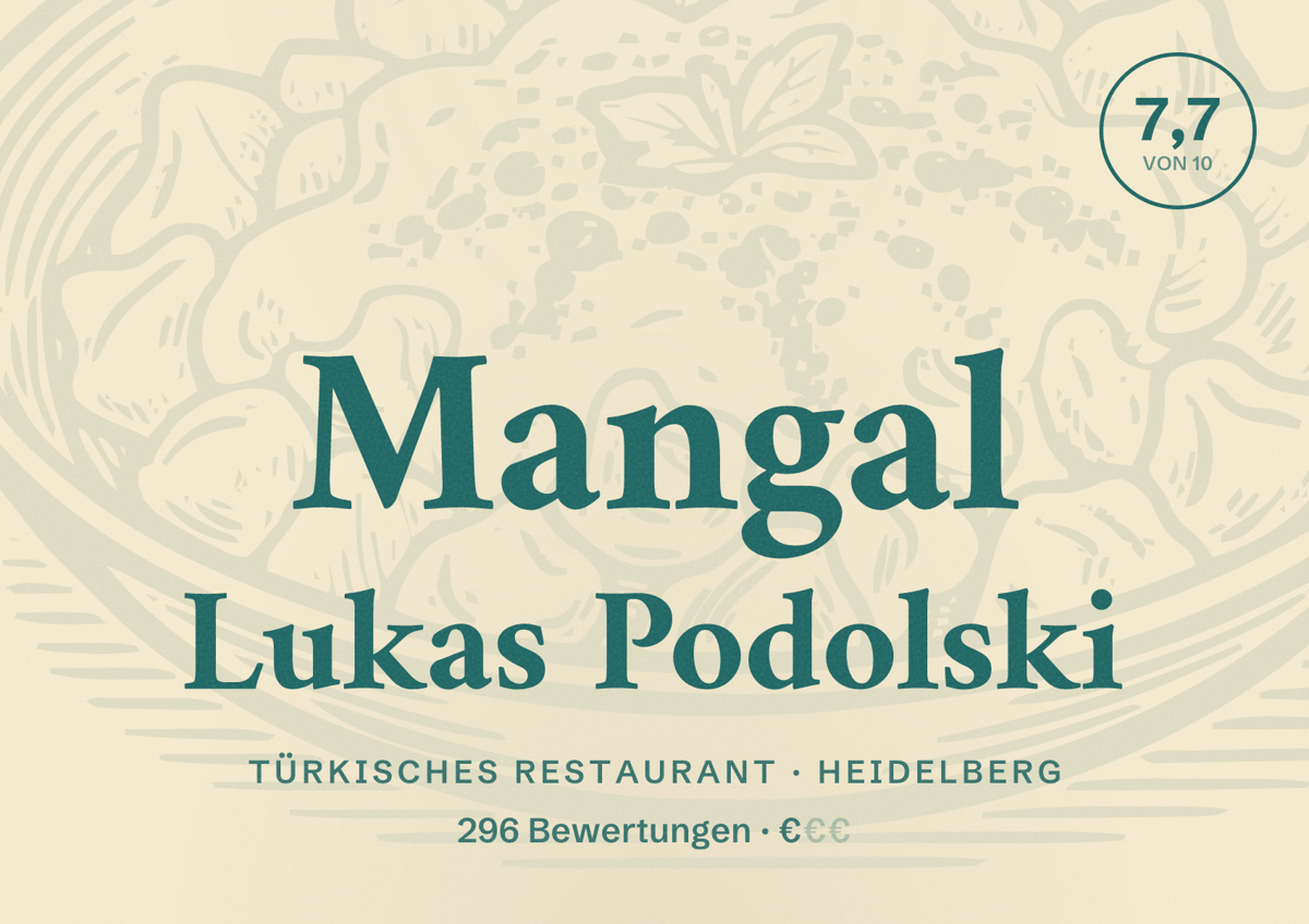Illustriertes Poster von Mangal Lukas Podolski, Türkisches Restaurant in Heidelberg: Bewertung 7,7 von 10 aus 296 Bewertungen, Preisniveau €