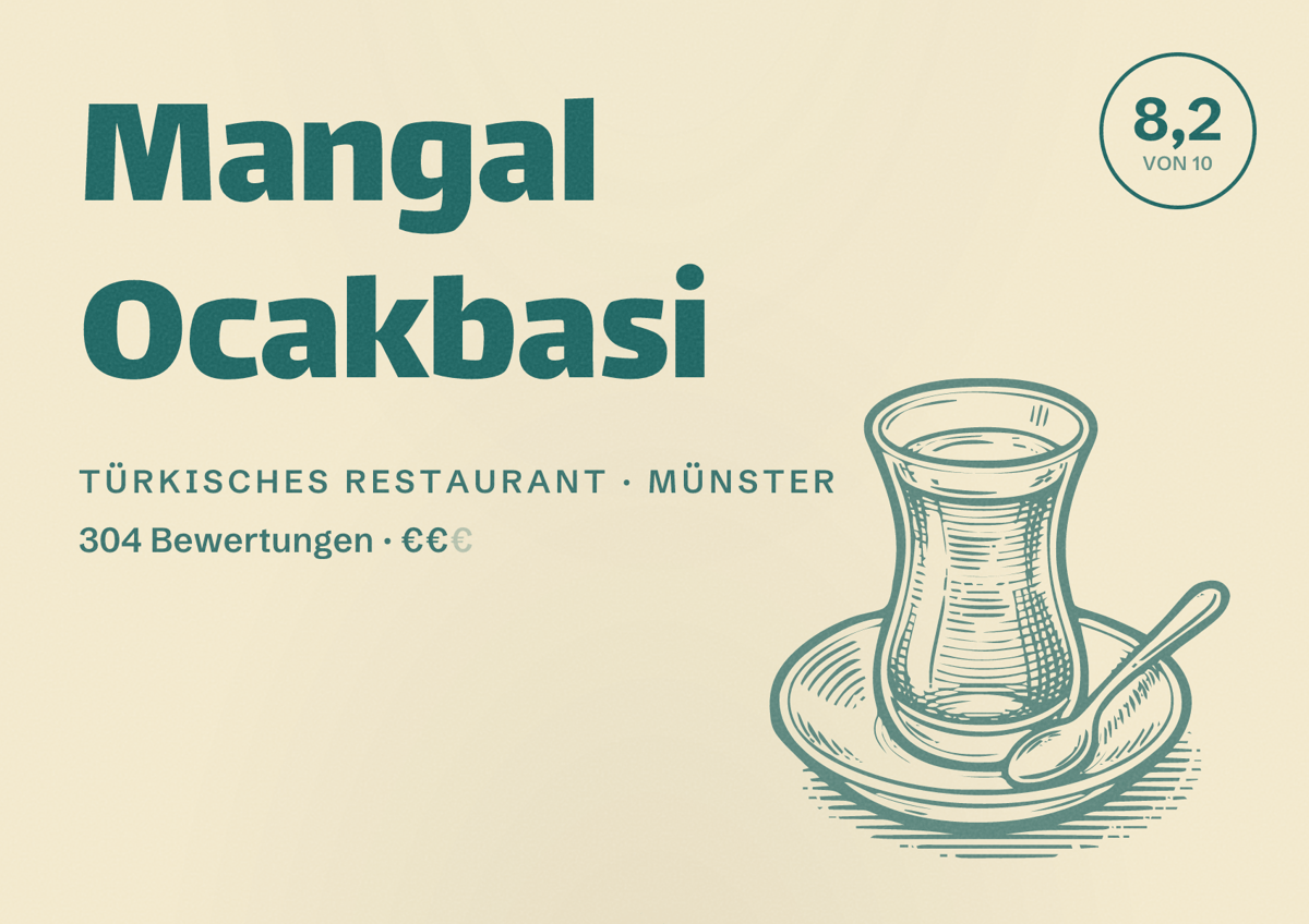 Illustriertes Poster von Mangal Ocakbasi, Türkisches Restaurant in Münster: Bewertung 8,2 von 10 aus 304 Bewertungen, Preisniveau €€