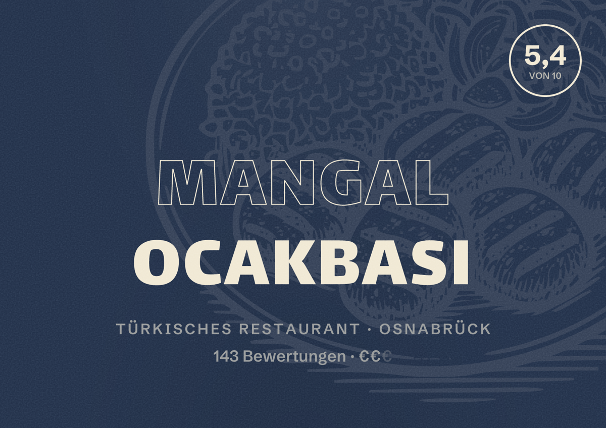 Illustriertes Poster von Mangal Ocakbasi, Türkisches Restaurant in Osnabrück: Bewertung 5,4 von 10 aus 143 Bewertungen, Preisniveau €€
