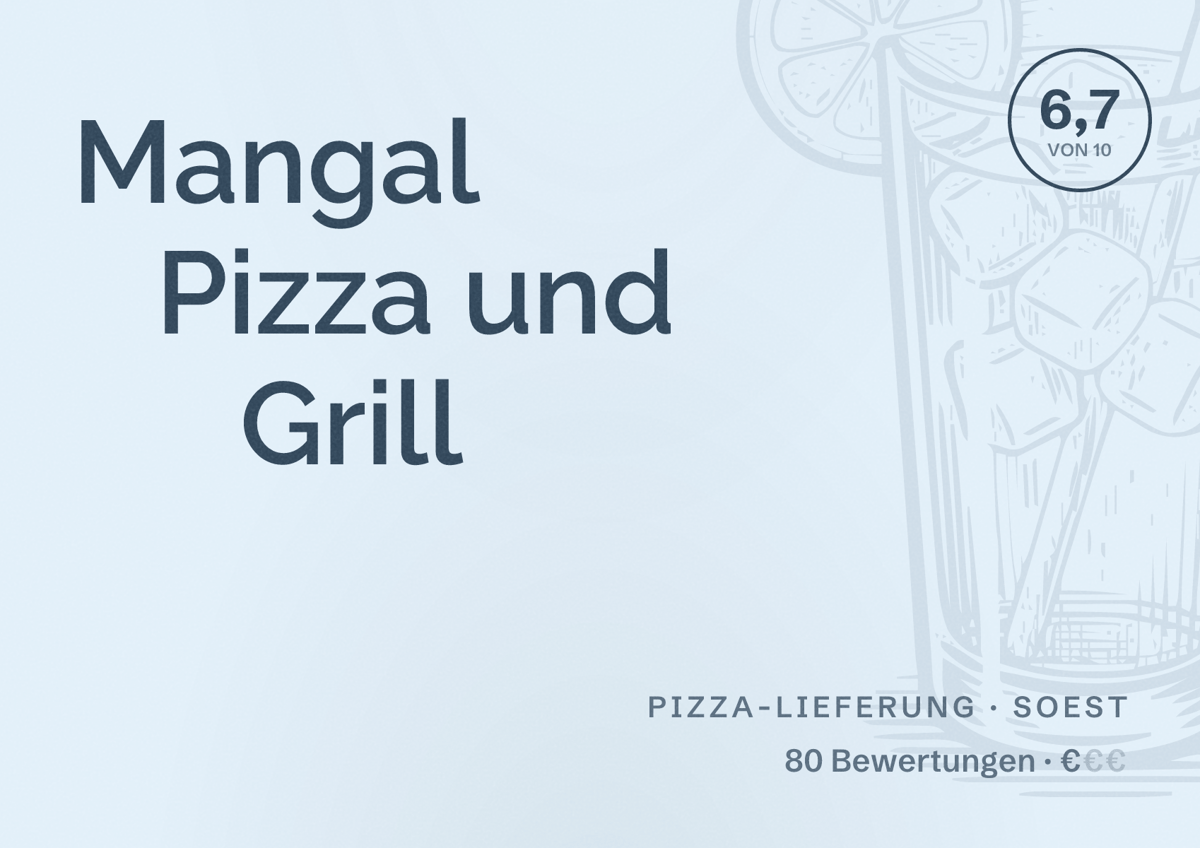 Illustriertes Poster von Mangal Pizza und Grill, Pizza-Lieferung in Soest: Bewertung 6,7 von 10 aus 80 Bewertungen, Preisniveau €