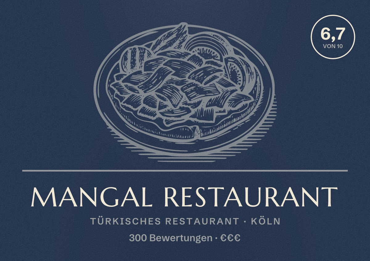 Illustriertes Poster von Mangal Restaurant, Türkisches Restaurant in Köln: Bewertung 6,7 von 10 aus 300 Bewertungen, Preisniveau €€€