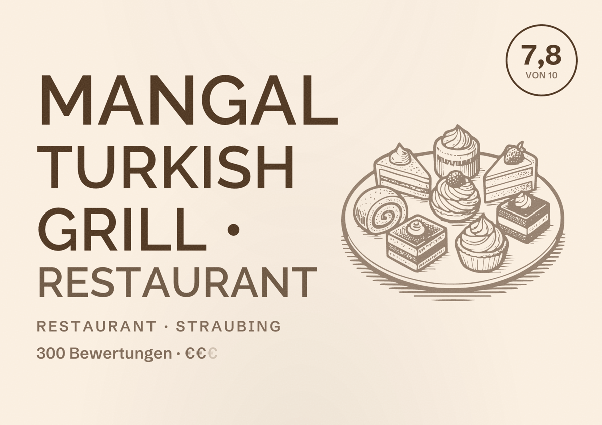 Illustriertes Poster von Mangal Turkish Grill • Restaurant, Restaurant in Straubing: Bewertung 7,8 von 10 aus 300 Bewertungen, Preisniveau €€