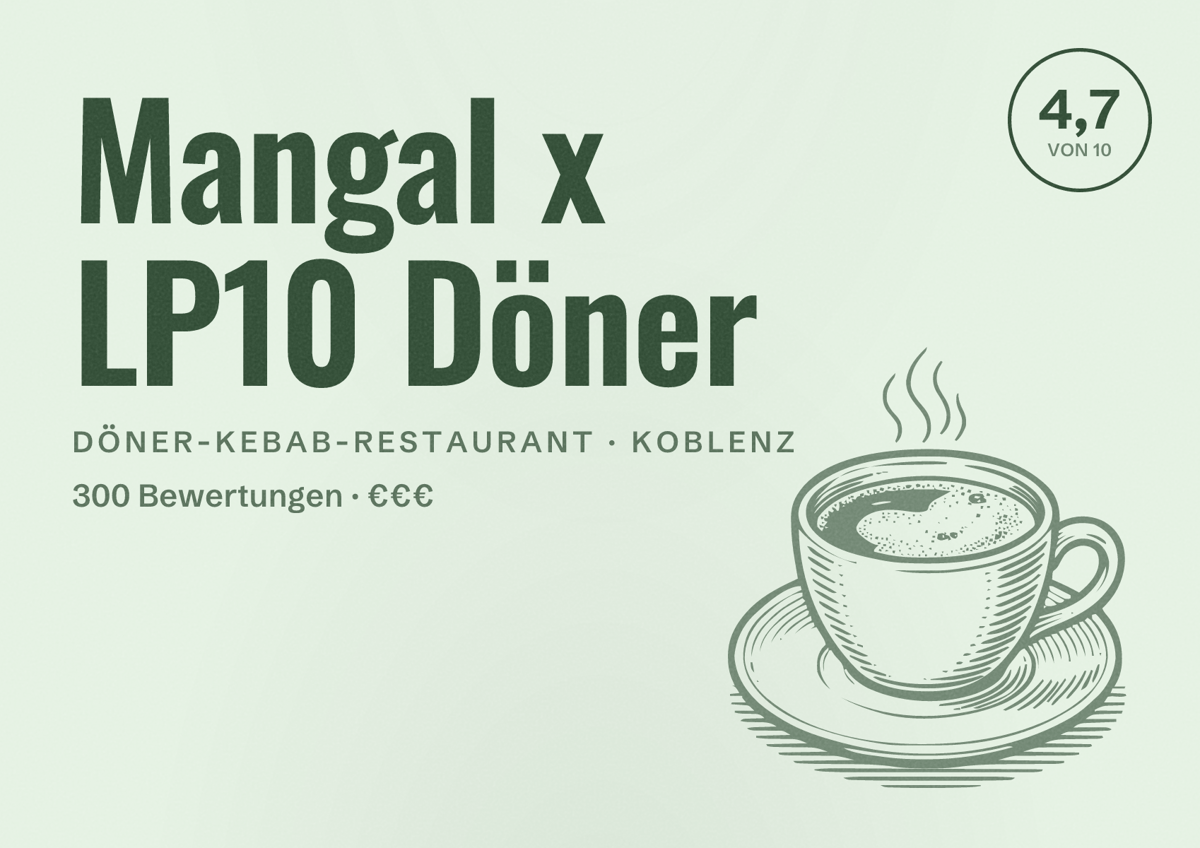 Illustriertes Poster von Mangal x LP10 Döner, Döner-Kebab-Restaurant in Koblenz: Bewertung 4,7 von 10 aus 300 Bewertungen, Preisniveau €€€